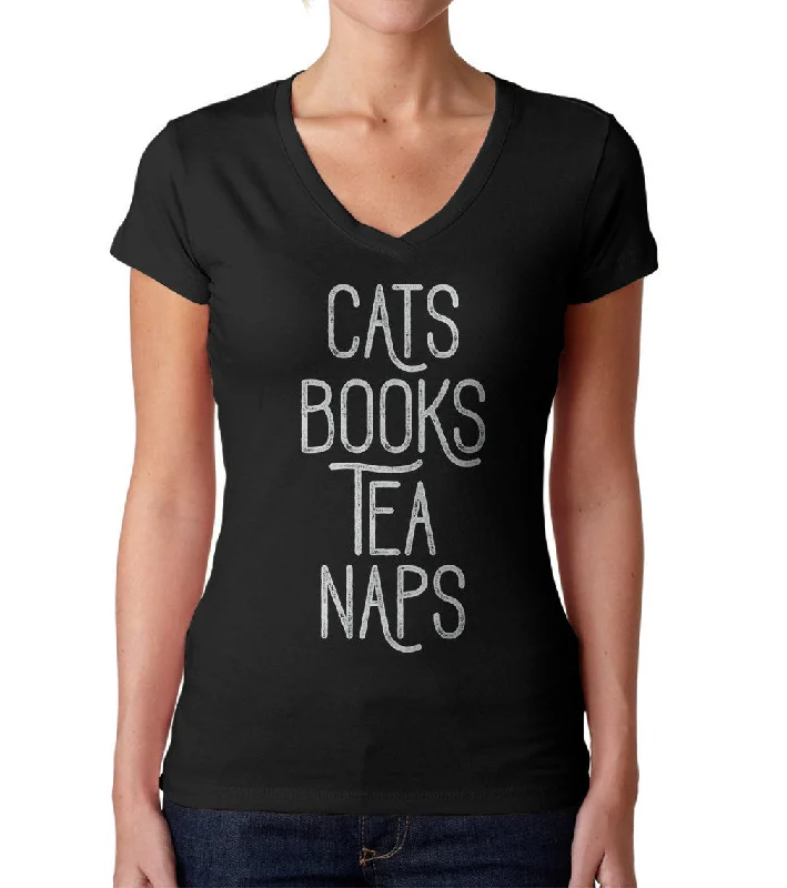 Women's Cats Book Tea Naps Vneck T-Shirt