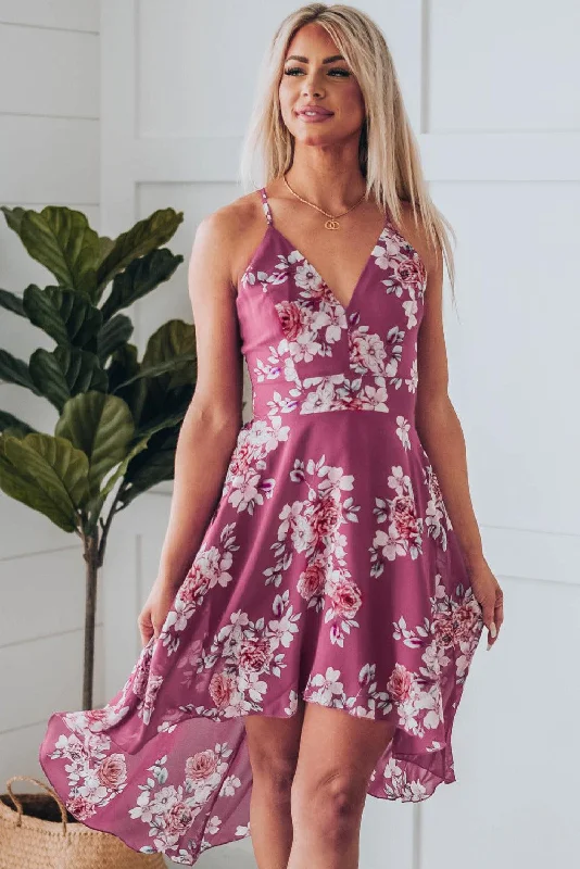 Floral Cutout High-Low Lace Back Dress