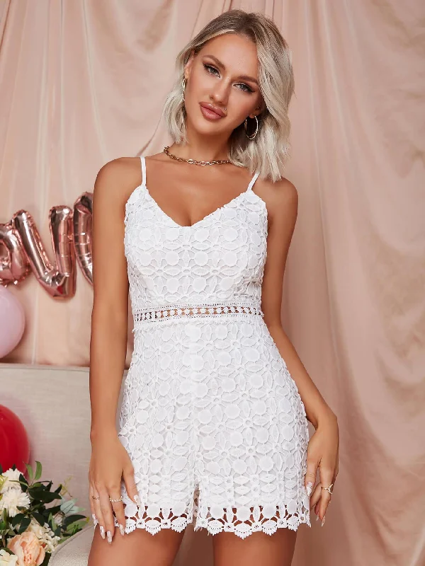 Lace Adjustable Strap Zip-Back Romper - LALA D&C