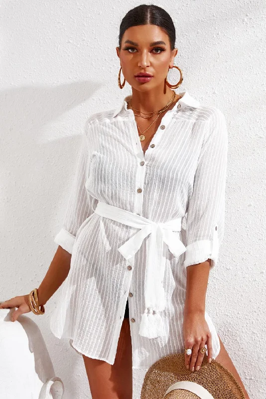 Pinstripe Tie Wiast Slit Shirt Dress