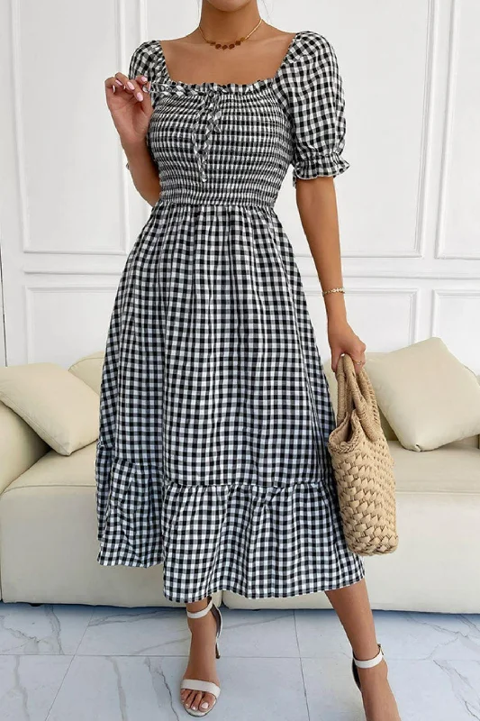 Plaid Cutout Square Neck Smocked Dress