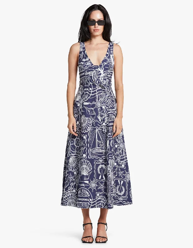 Amelie Plunged Panelled Midi Dress - Navy/ Ivory