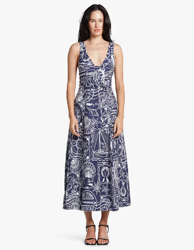 Amelie Plunged Panelled Midi Dress - Navy/ Ivory