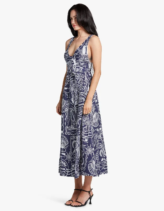 Amelie Plunged Panelled Midi Dress - Navy/ Ivory