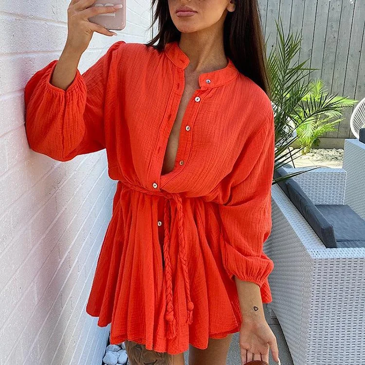 Solid V-Neck long sleeve lace up Ruffle Dress