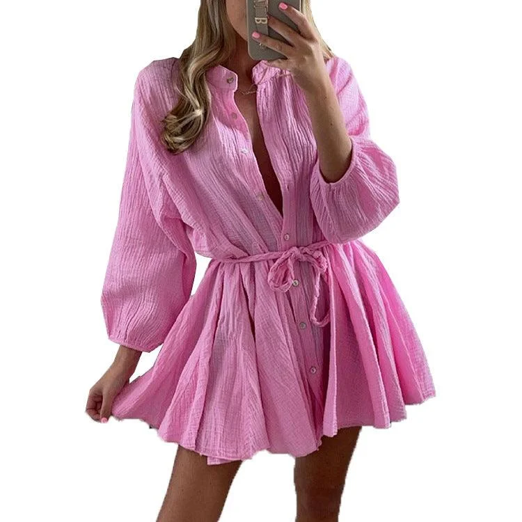 Solid V-Neck long sleeve lace up Ruffle Dress