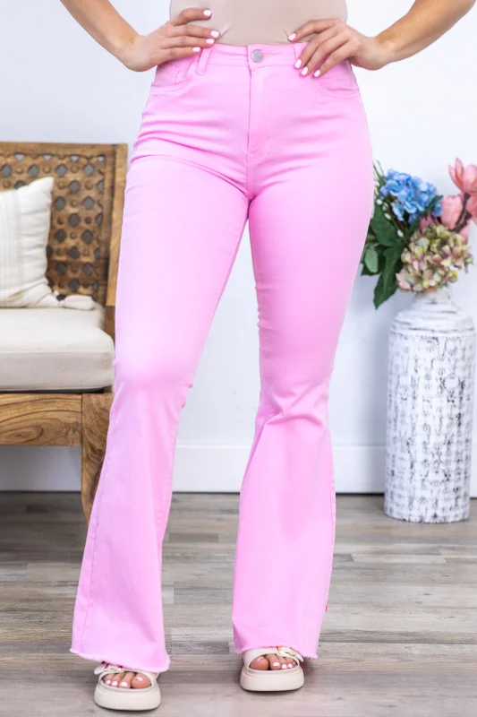 Baby Pink Flare Pants With Raw Hem