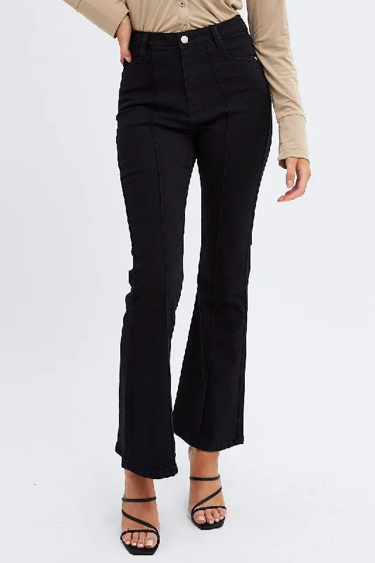 Black Flare Jeans Mid Rise Pintuck