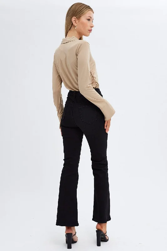 Black Flare Jeans Mid Rise Pintuck