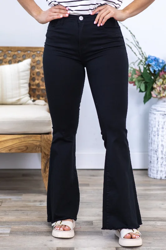 Black Flare Pants With Raw Hem