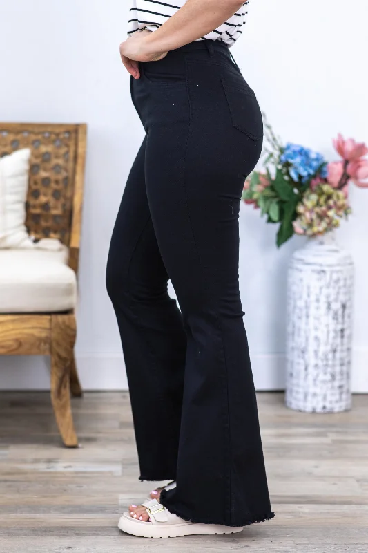 Black Flare Pants With Raw Hem