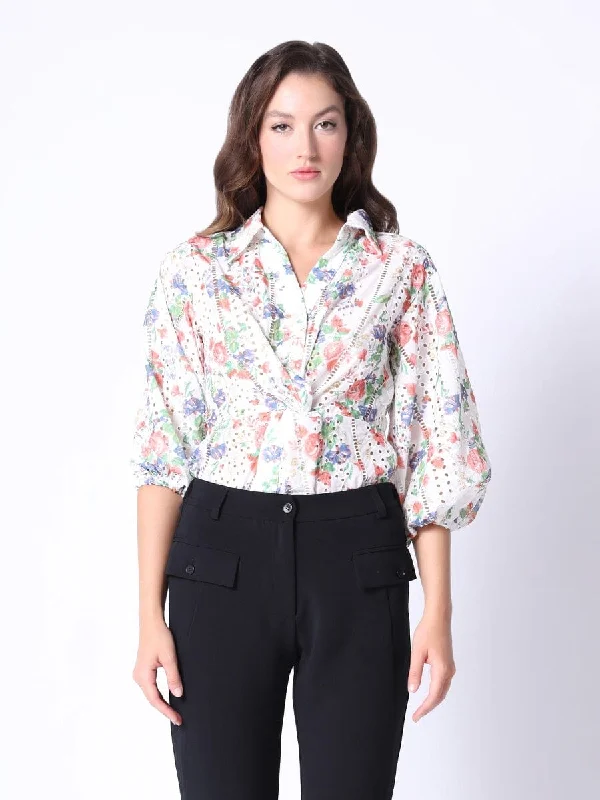 Color Flower Print Punching Waist-Twisted Shirt