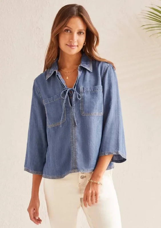 Elbow Sleeve Pop-Over Blouse with Lace-Up - Chambray