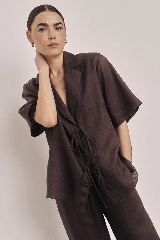 EMELIA CHOCOLATE LINEN WRAP SHIRT