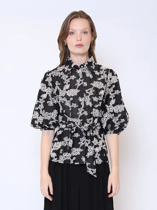 Floral Print Puff Sleeve Button Down Tie Belt Top