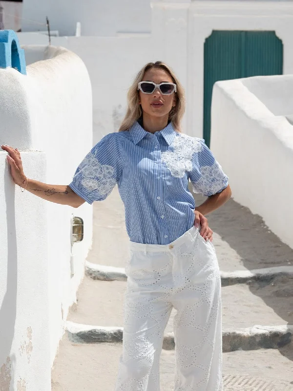 Flower Embroidered Striped Puff Sleeve Shirt