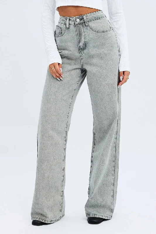 Grey Wide Leg Jean Mid Rise