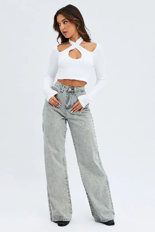 Grey Wide Leg Jean Mid Rise