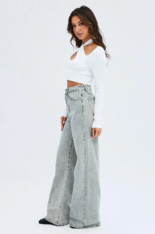 Grey Wide Leg Jean Mid Rise