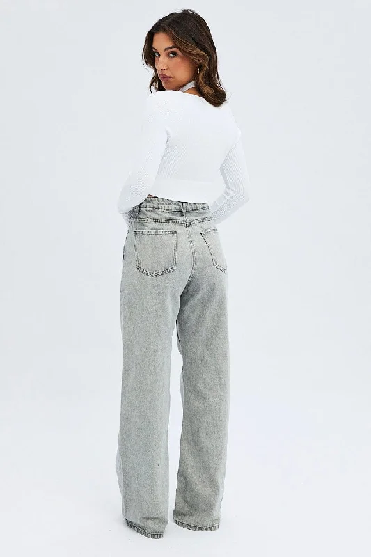 Grey Wide Leg Jean Mid Rise