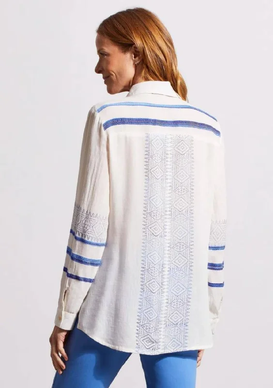 Long Sleeve Button-Front Blouse with Embroidery