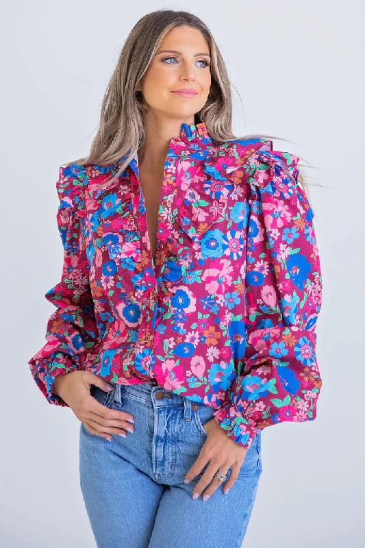 Magenta London Floral Button Top