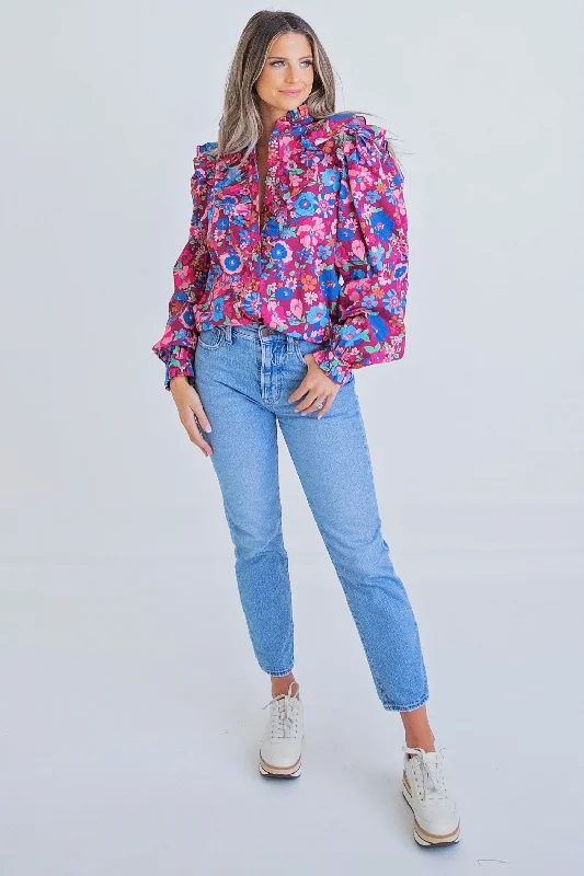 Magenta London Floral Button Top