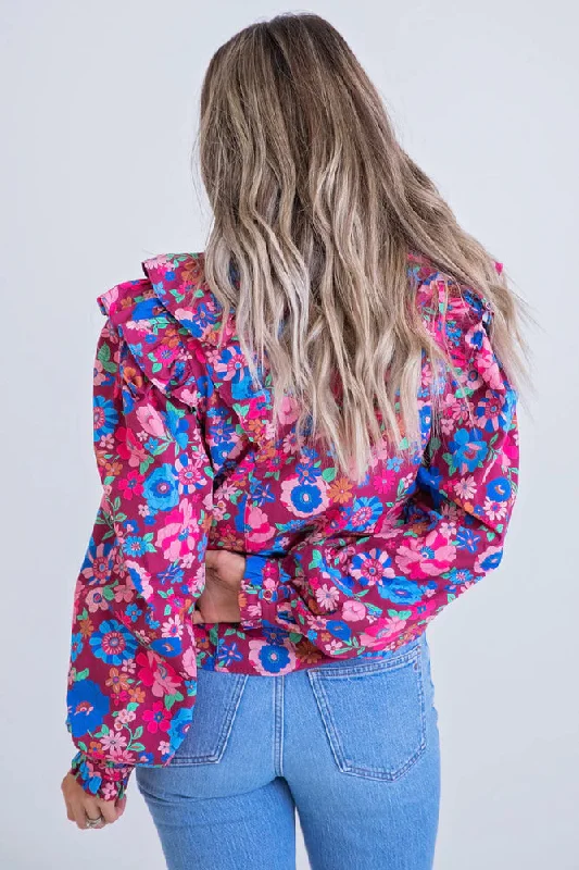 Magenta London Floral Button Top