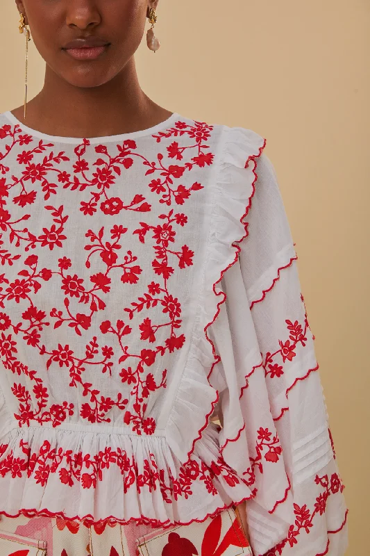 Off-White With Red Embroidered Long Sleeve Blouse