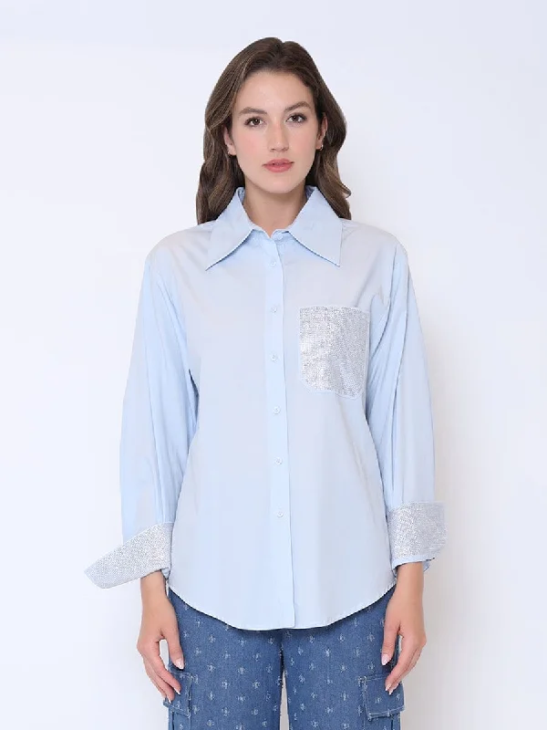 Rhinestone Pocketed Long Sleeve Button Down Shirt