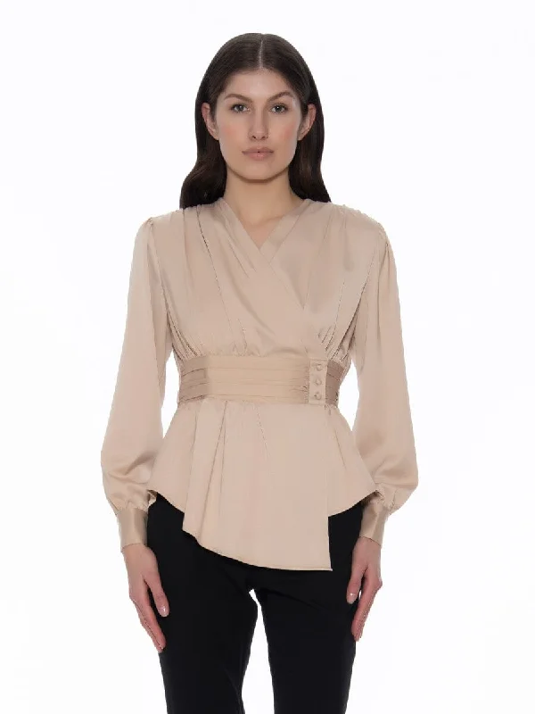 Satin V-Neck Wrapping Long Sleeved Top