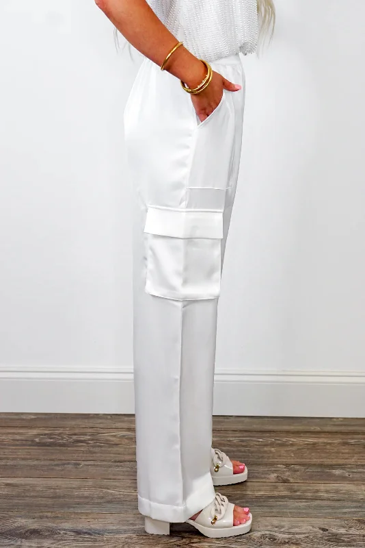 Satin Dreams White Cargo Pants