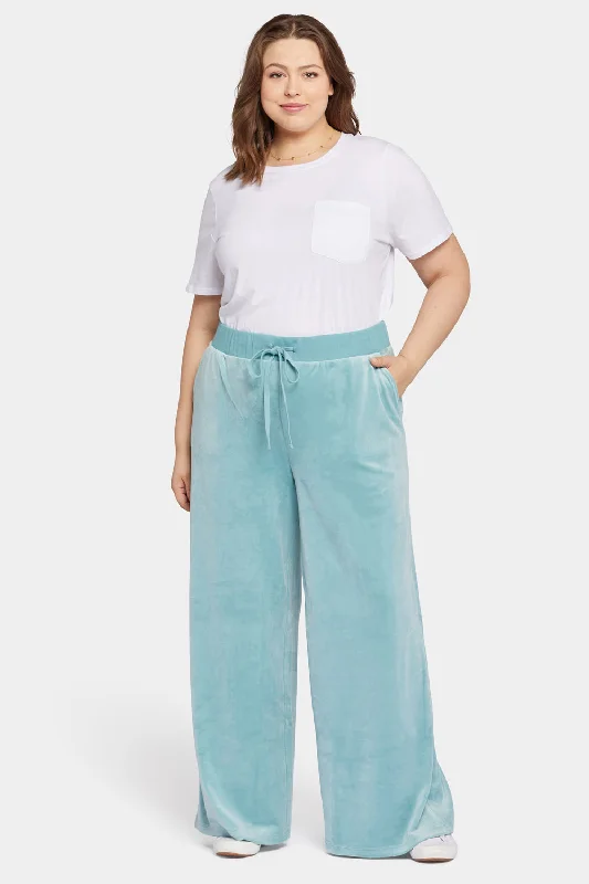 Velour Drawstring Wide Leg Pants In Plus Size - Dutch Blue