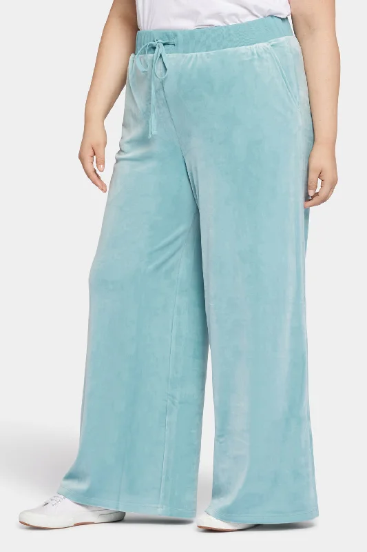 Velour Drawstring Wide Leg Pants In Plus Size - Dutch Blue