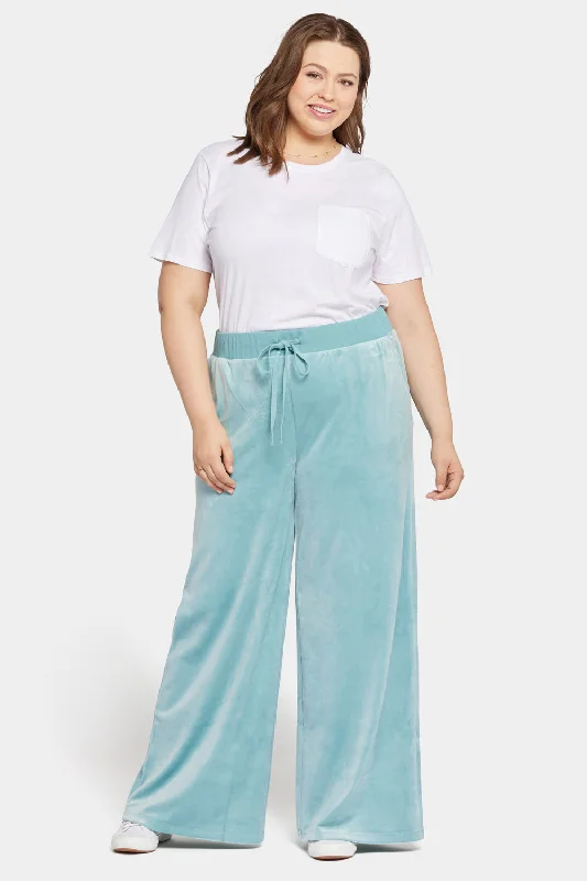 Velour Drawstring Wide Leg Pants In Plus Size - Dutch Blue