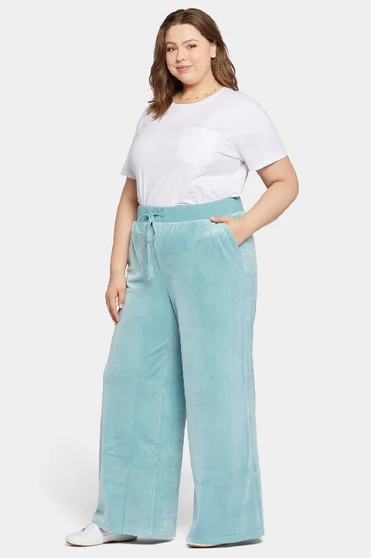 Velour Drawstring Wide Leg Pants In Plus Size - Dutch Blue