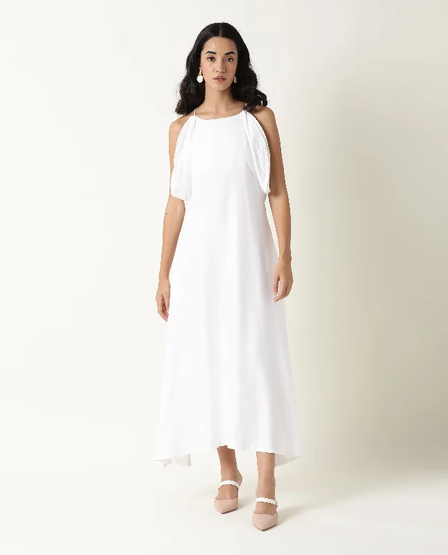 Rareism Women'S Acron White Round Neck Spaghetti Straps With Pockets Maxi Dress