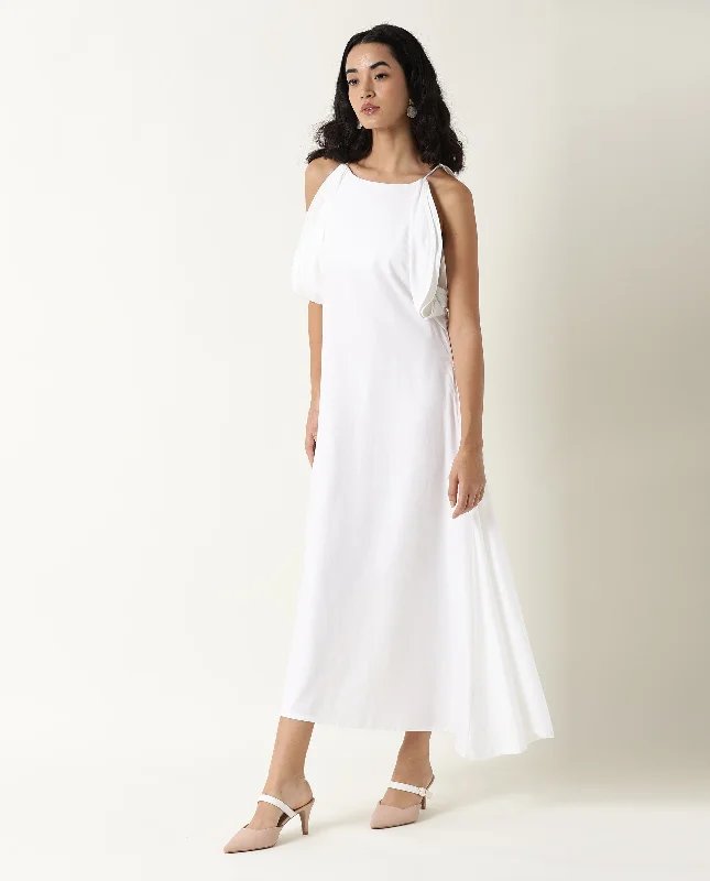 Rareism Women'S Acron White Round Neck Spaghetti Straps With Pockets Maxi Dress