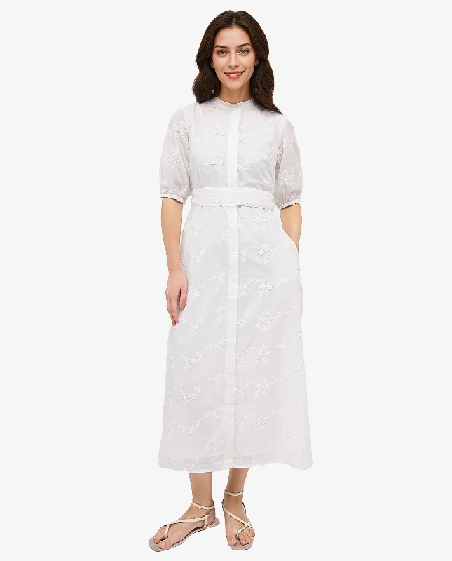 Rareism Womens Caledon White Cotton A-Line Maxi Cuffed Sleeve Plain Dress