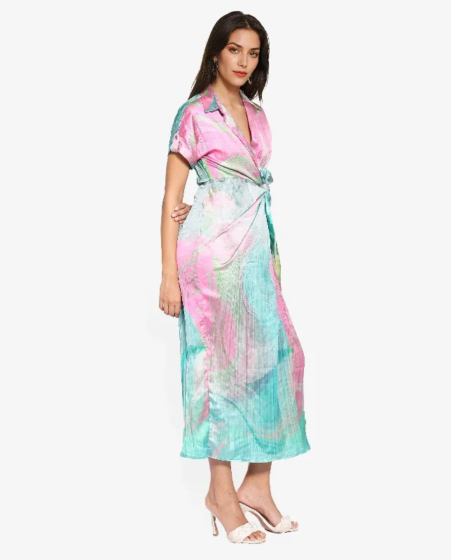 Rareism Women's Chiapas Dusky Multi Extended Sleeves Collared Collar Tie Up Straight Fit Abstract Print Maxi Dress