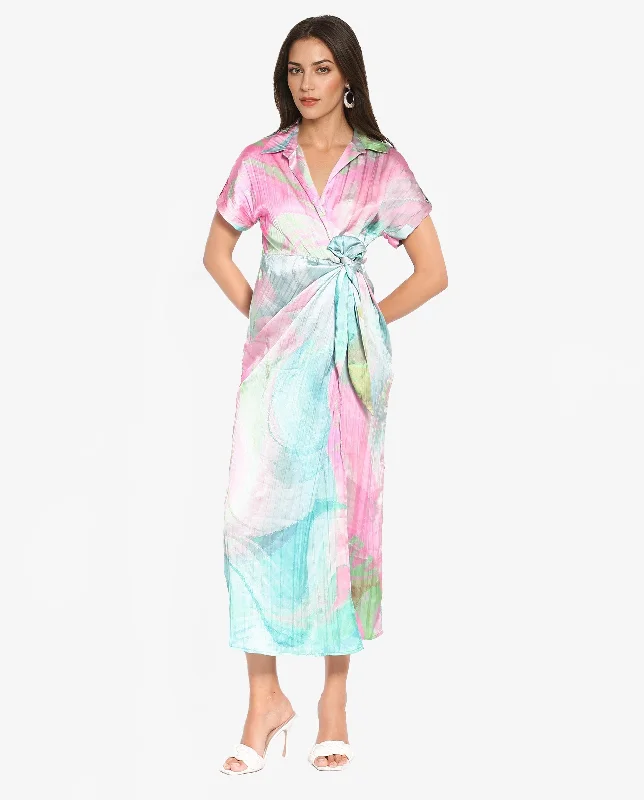 Rareism Women's Chiapas Dusky Multi Extended Sleeves Collared Collar Tie Up Straight Fit Abstract Print Maxi Dress