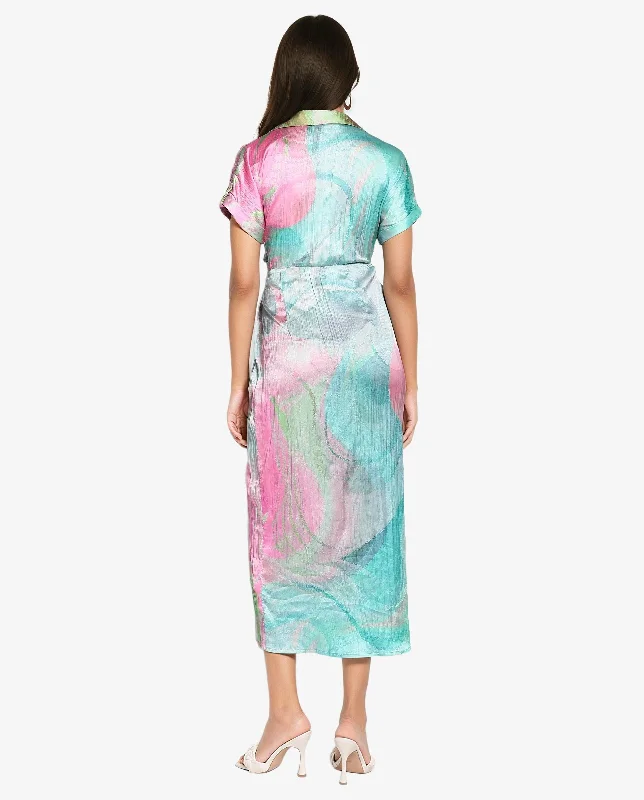 Rareism Women's Chiapas Dusky Multi Extended Sleeves Collared Collar Tie Up Straight Fit Abstract Print Maxi Dress