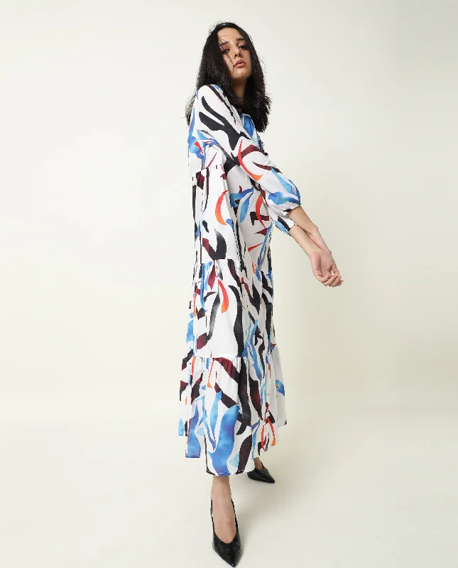 Rareism Women'S Europe White Abstract Boat Neck 3/4 Sleeves Tiered Maxi Dress