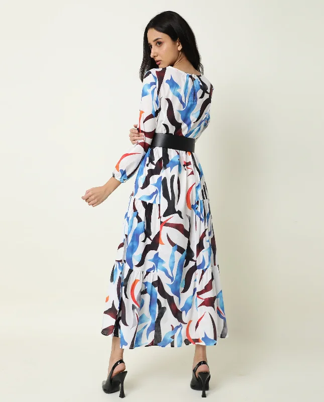 Rareism Women'S Europe White Abstract Boat Neck 3/4 Sleeves Tiered Maxi Dress