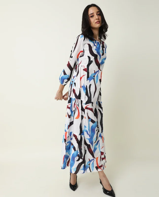 Rareism Women'S Europe White Abstract Boat Neck 3/4 Sleeves Tiered Maxi Dress