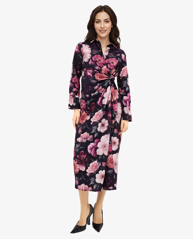 Rareism Women's Frastio Black Extended Sleeves Collared Neck Tie Up Closure Straight Fit Maxi Floral Print Dress