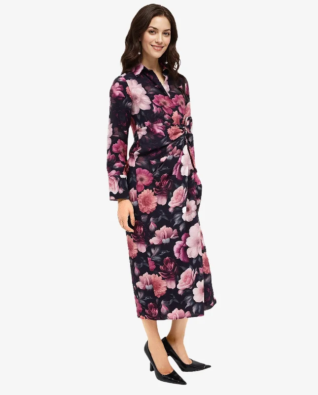 Rareism Women's Frastio Black Extended Sleeves Collared Neck Tie Up Closure Straight Fit Maxi Floral Print Dress