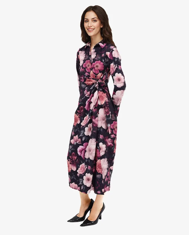 Rareism Women's Frastio Black Extended Sleeves Collared Neck Tie Up Closure Straight Fit Maxi Floral Print Dress