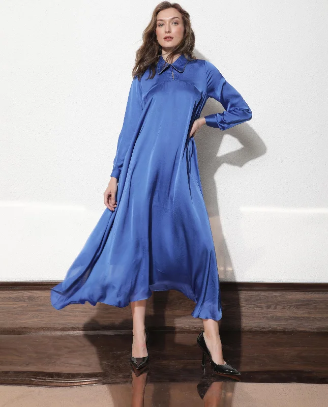 Rareism Women'S Galaxy Blue Shirt Collar Neck Full Sleeves With Back Zip Closure Satin Maxi Dress