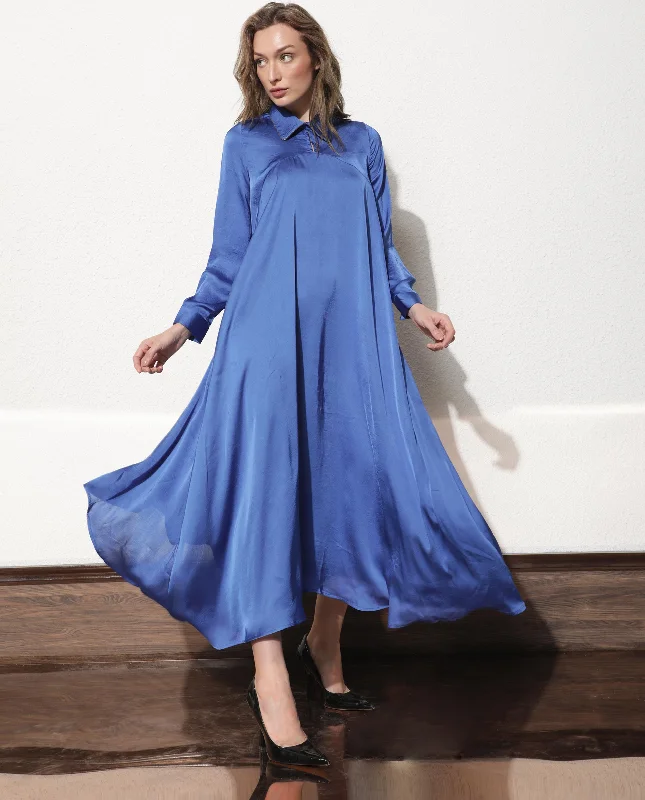 Rareism Women'S Galaxy Blue Shirt Collar Neck Full Sleeves With Back Zip Closure Satin Maxi Dress